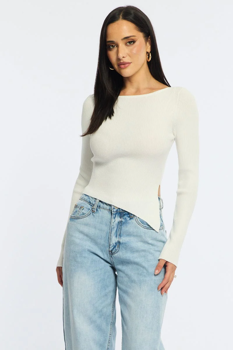 White Long Sleeve Knit With Side Split - Image 2