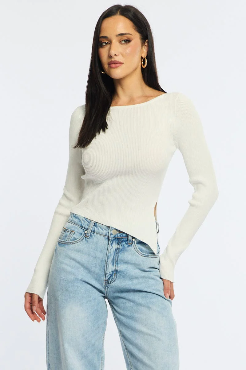 White Long Sleeve Knit With Side Split - Image 4