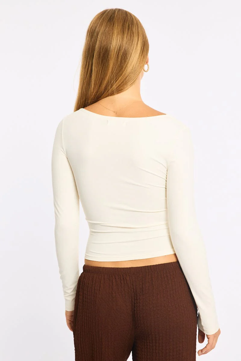 White Long Sleeve Slim Fit Scoop Neck Top - Image 4