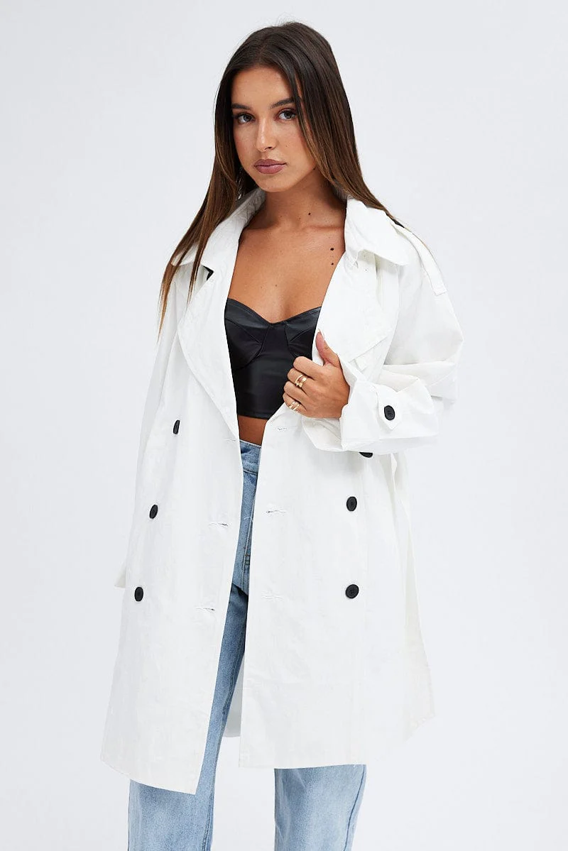 White Longline Trench Coat With Tie - Image 3