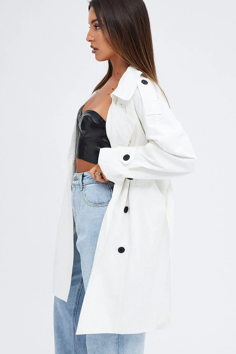 White Longline Trench Coat With Tie - Image 4