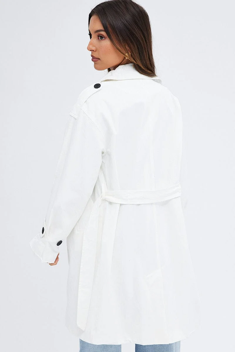 White Longline Trench Coat With Tie - Image 5
