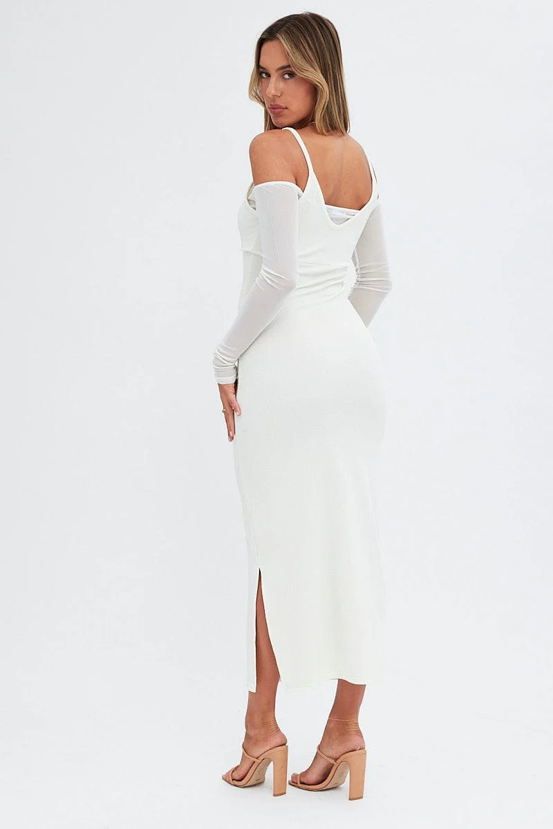 White Maxi Dress Long Sleeve Cold Shoulder Mesh Textured - Image 5