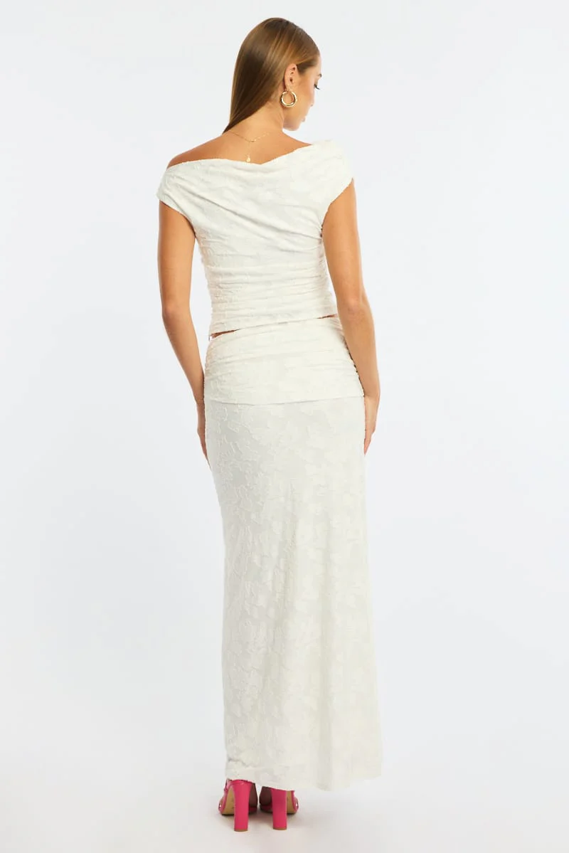 White Maxi Skirt Textured Gathered Waist Stretch Lined - Image 6