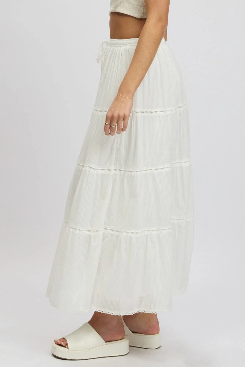 White Maxi Skirt Tiered High Rise Lace Trim - Image 4