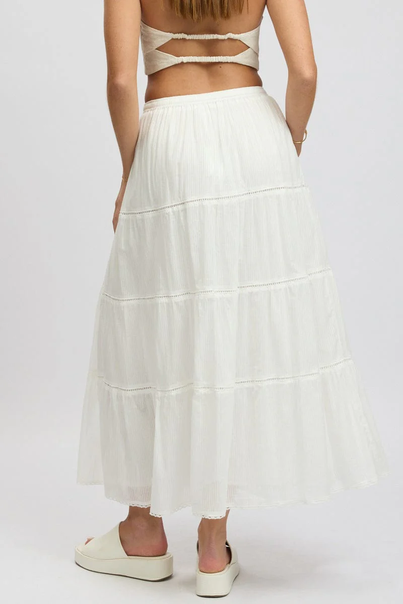 White Maxi Skirt Tiered High Rise Lace Trim - Image 5