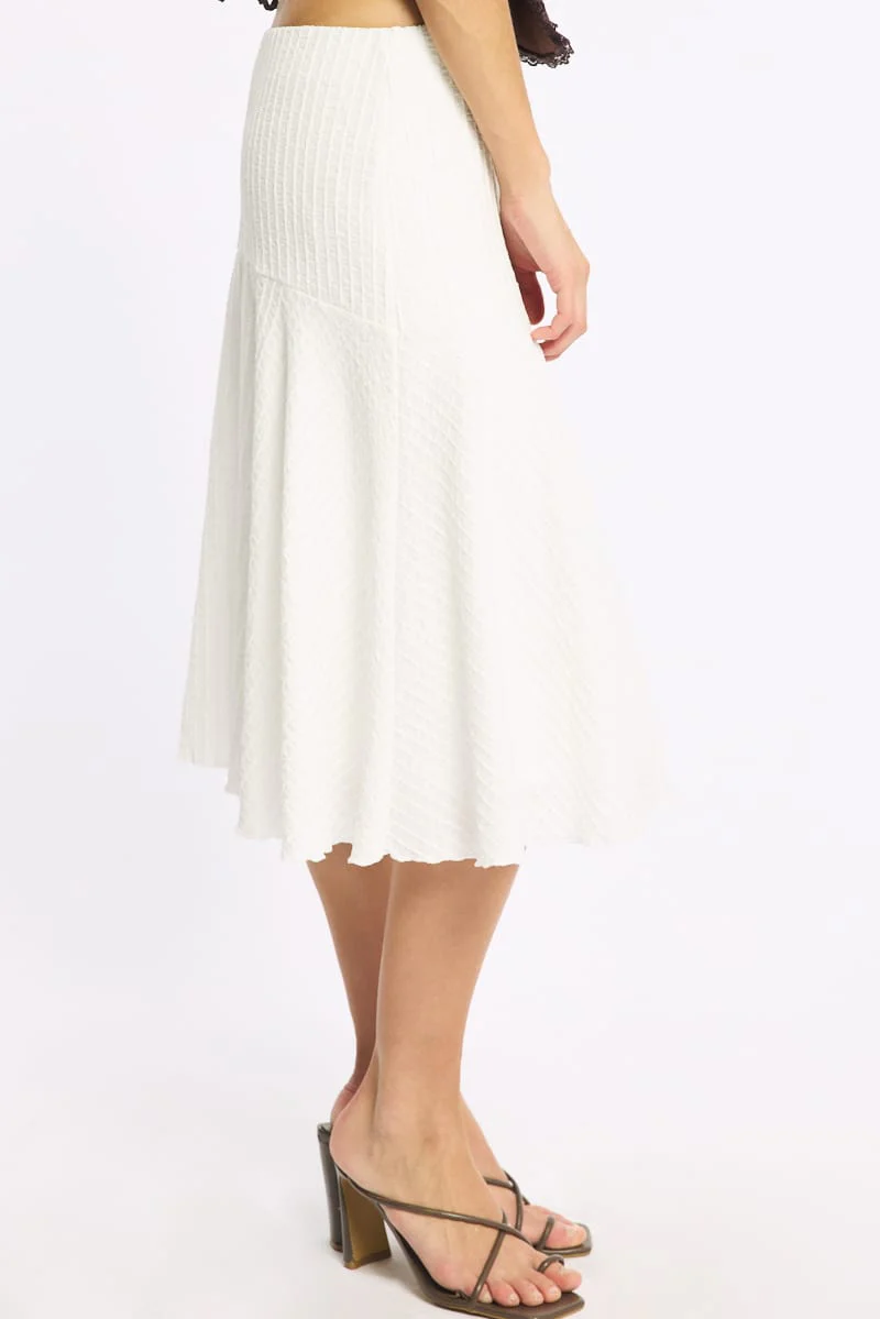 White Midi Skirt Elastic Waist Textured Lined - Image 4