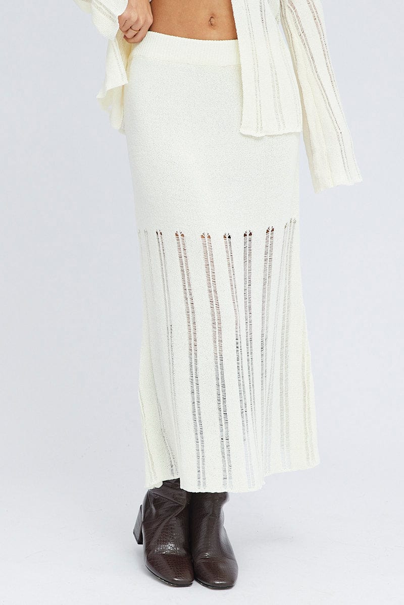 White Midi Skirt High Waisted A-line Ladder Knit - Image 2