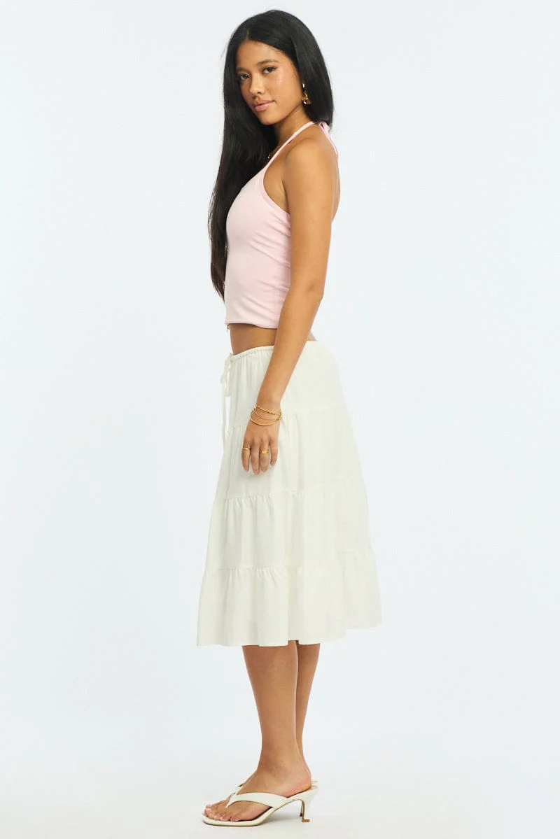 White Midi Tiered Skirt Mid Rise Lined - Image 4