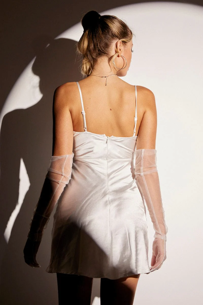White Mini Dress Sleeveless Cowl Neck Corset Waist Satin - Image 5