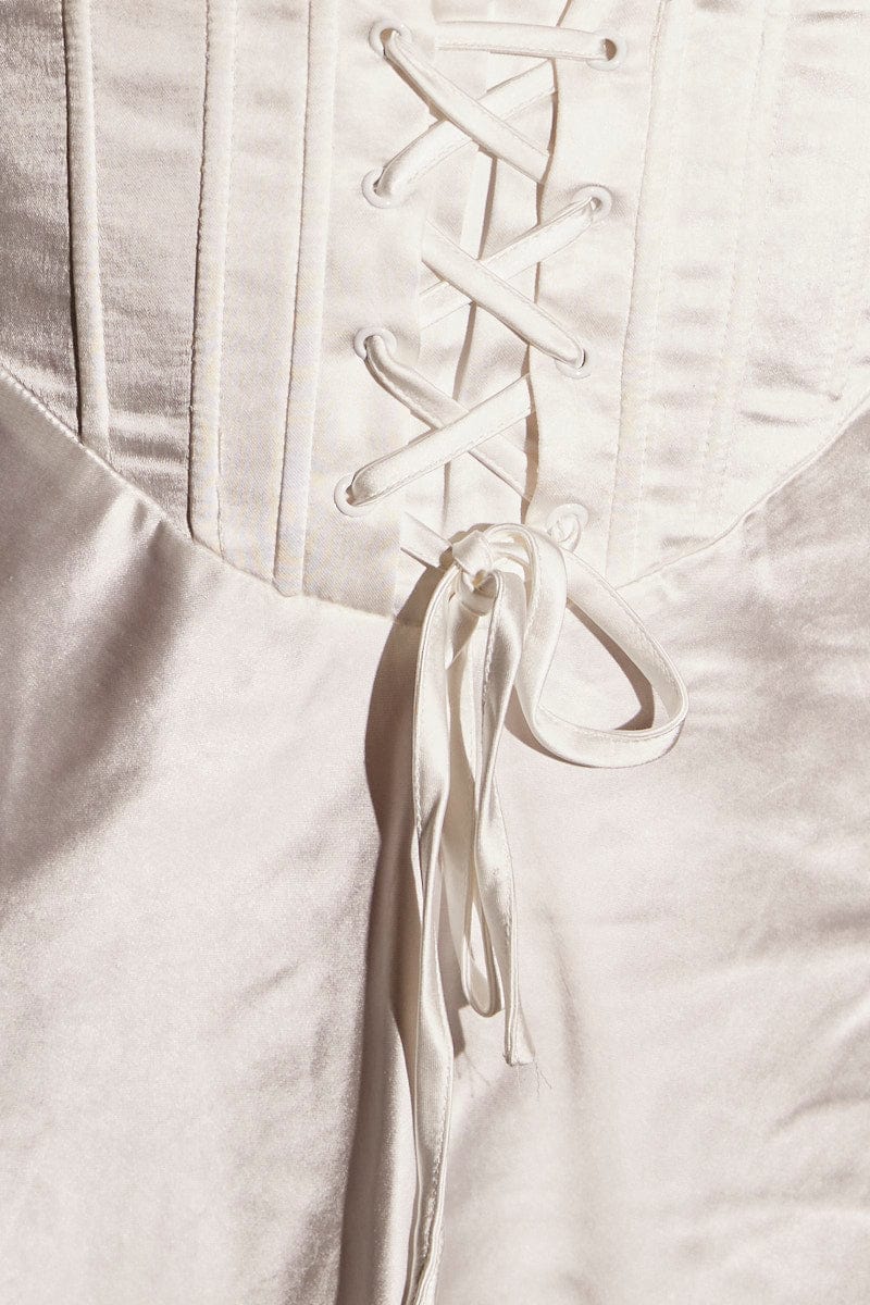 White Mini Dress Sleeveless Cowl Neck Corset Waist Satin - Image 6