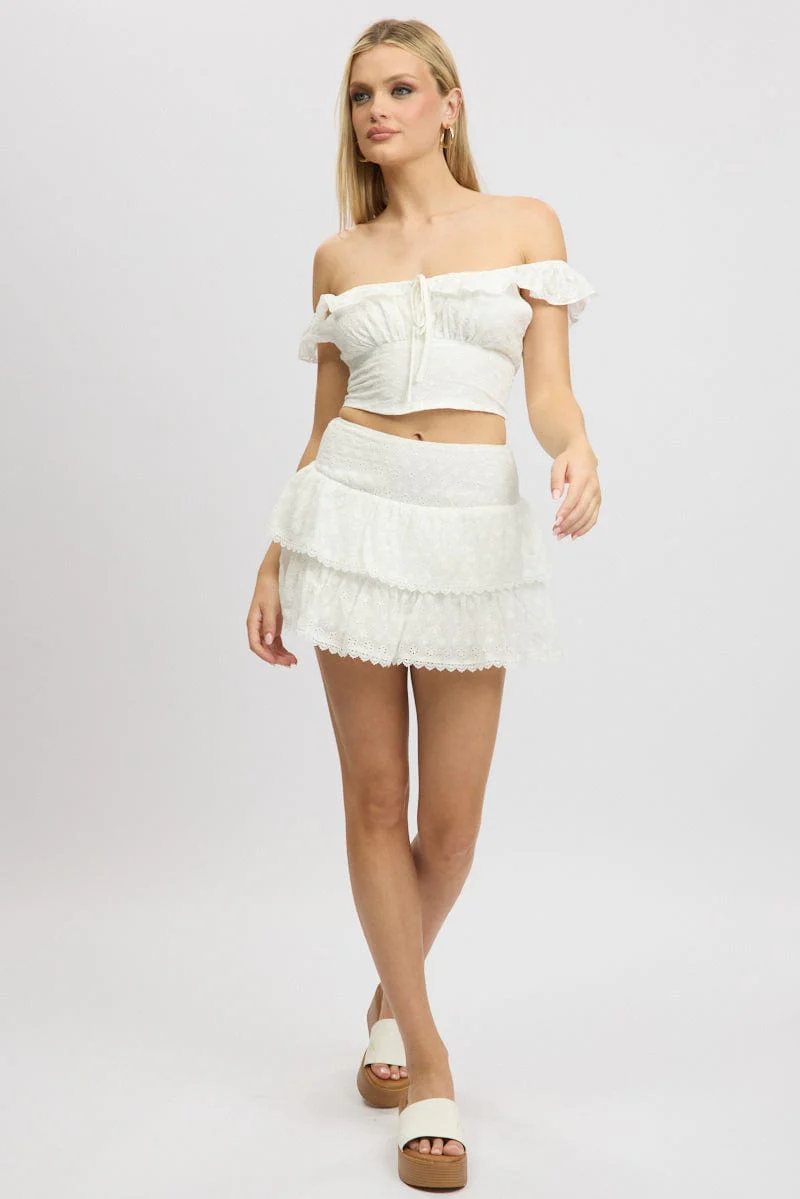 White Mini Skirt High Rise Shirred Waist Broidery Eyelet - Image 3