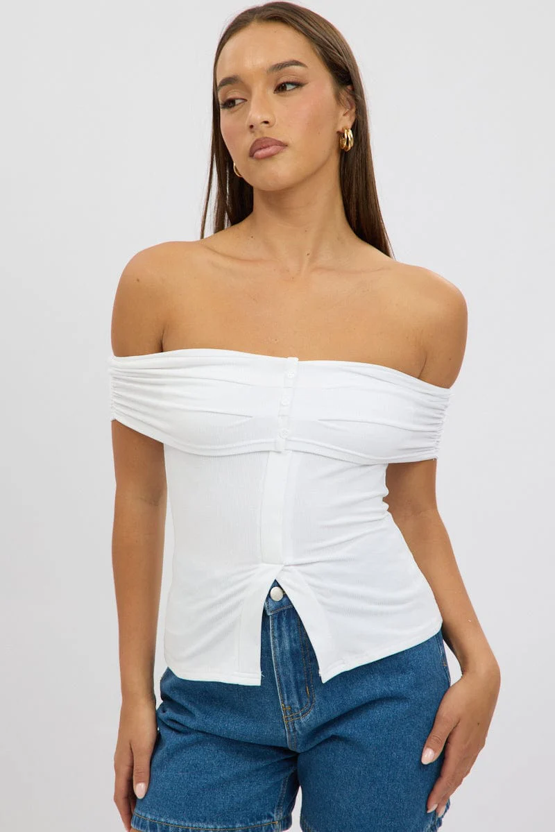 White Off Shoulder Top Rib