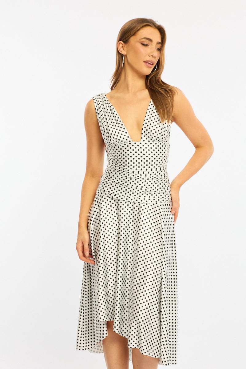 White Polka Dot Midi Dress Hanky Hem - Image 2