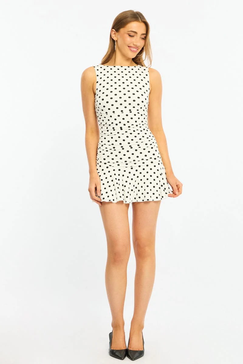 White Polka Dot Mini Dress Boat Neck - Image 2