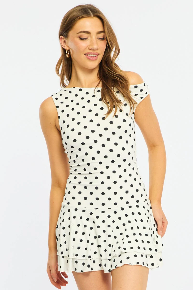 White Polka Dot Mini Dress Off Shoulder - Image 3