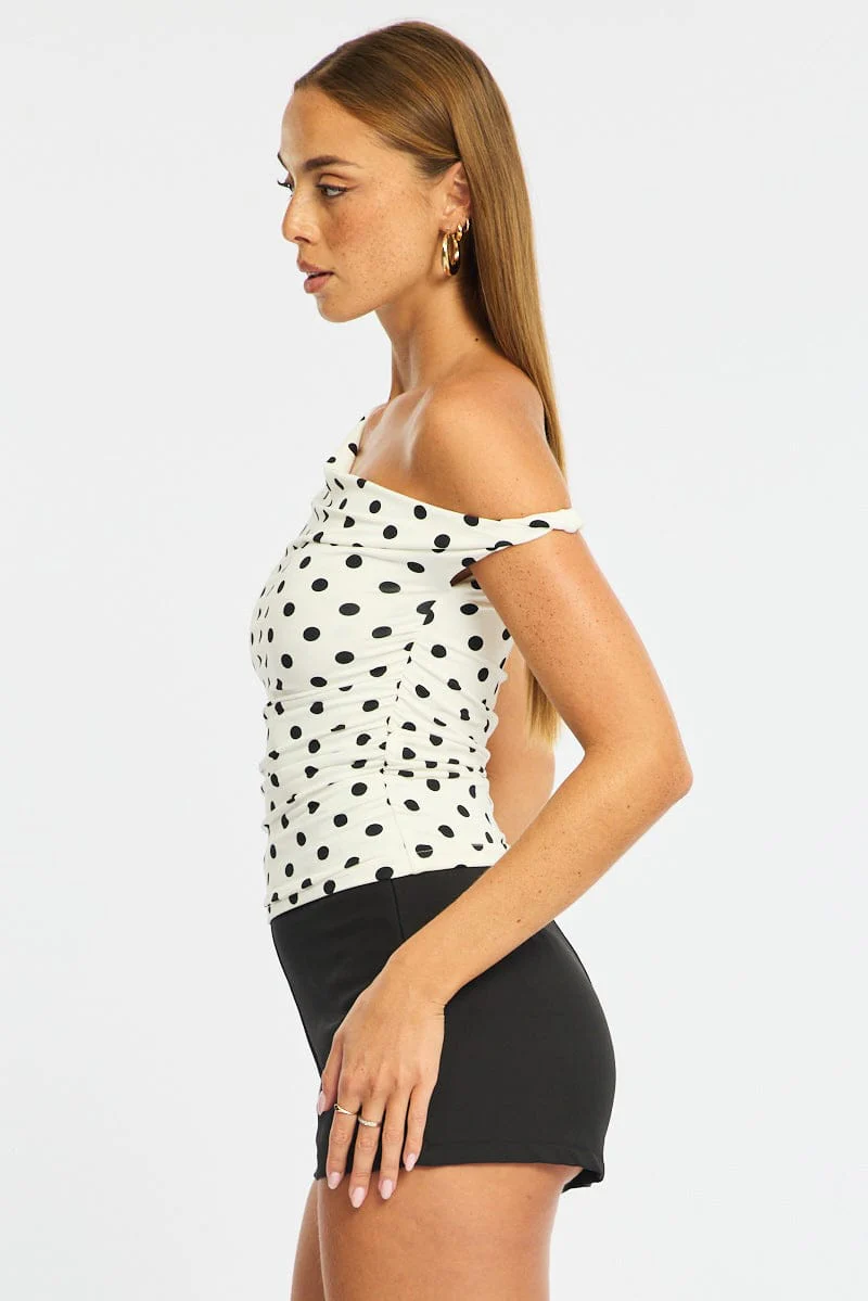 White Polka Dot One Shoulder Twist Top - Image 4