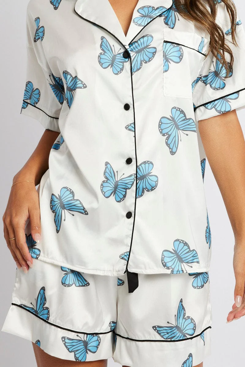 White Print Butterfly Pyjama Set Short Sleeve Piping Satin PJ - Image 6