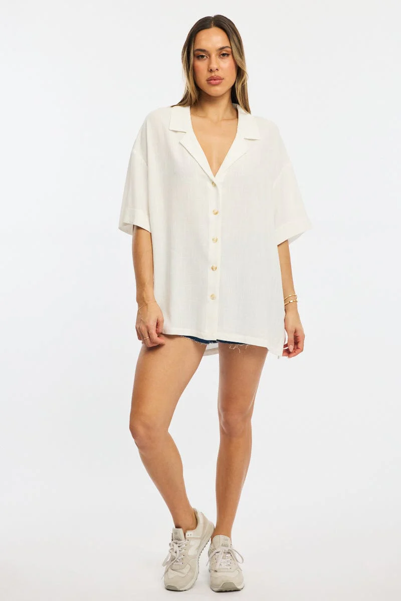 White Relaxed Shirt Short Sleeve Collared Linen Blend - Image 2