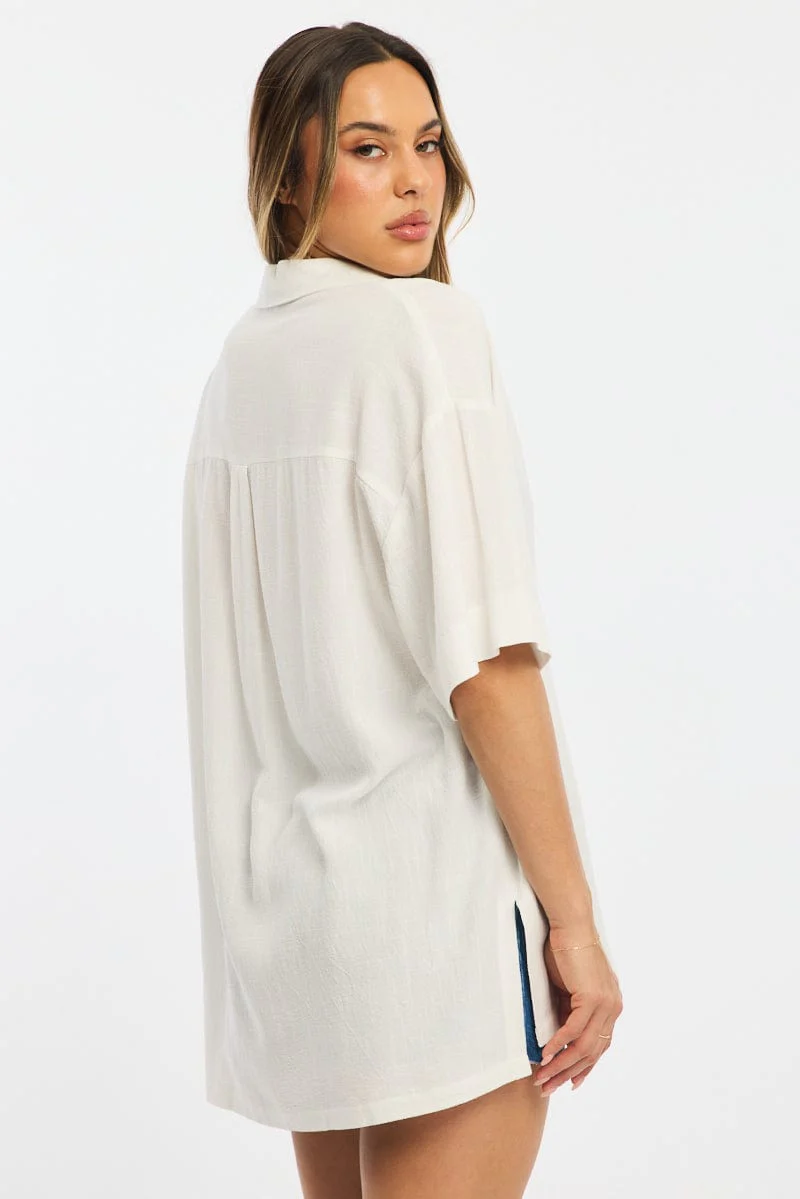White Relaxed Shirt Short Sleeve Collared Linen Blend - Image 4