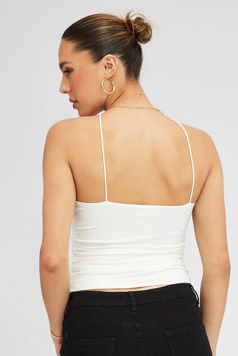 White Rose Top Halter Neck Crossover Rosette Stretch - Image 4