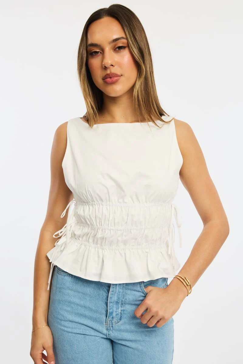 White Ruched Top Sleeveless Boat Neck Bow Details - Image 2