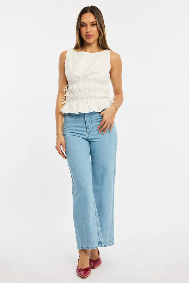 White Ruched Top Sleeveless Boat Neck Bow Details - Image 3