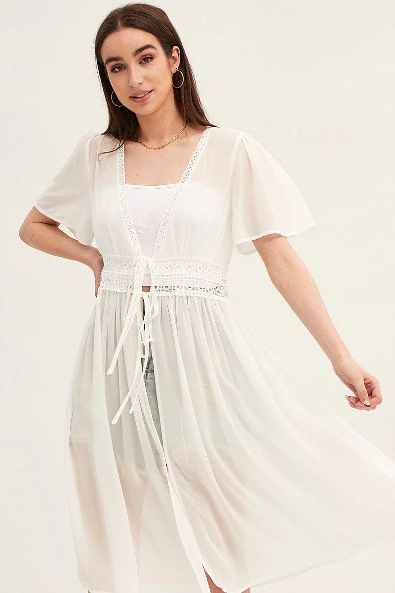 White Short Sleeve Eyelet Tie Front Kimono - Image 2