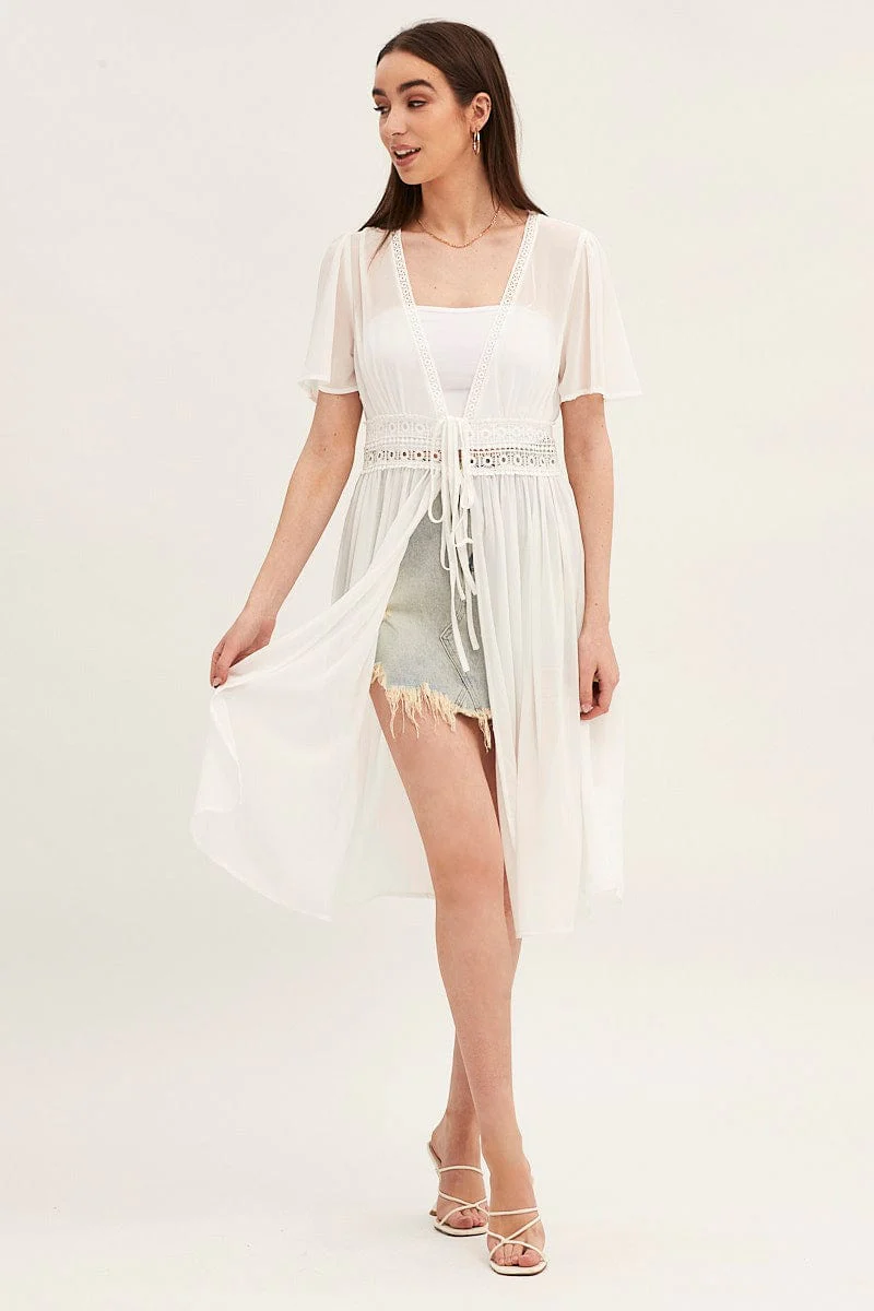 White Short Sleeve Eyelet Tie Front Kimono - Image 3