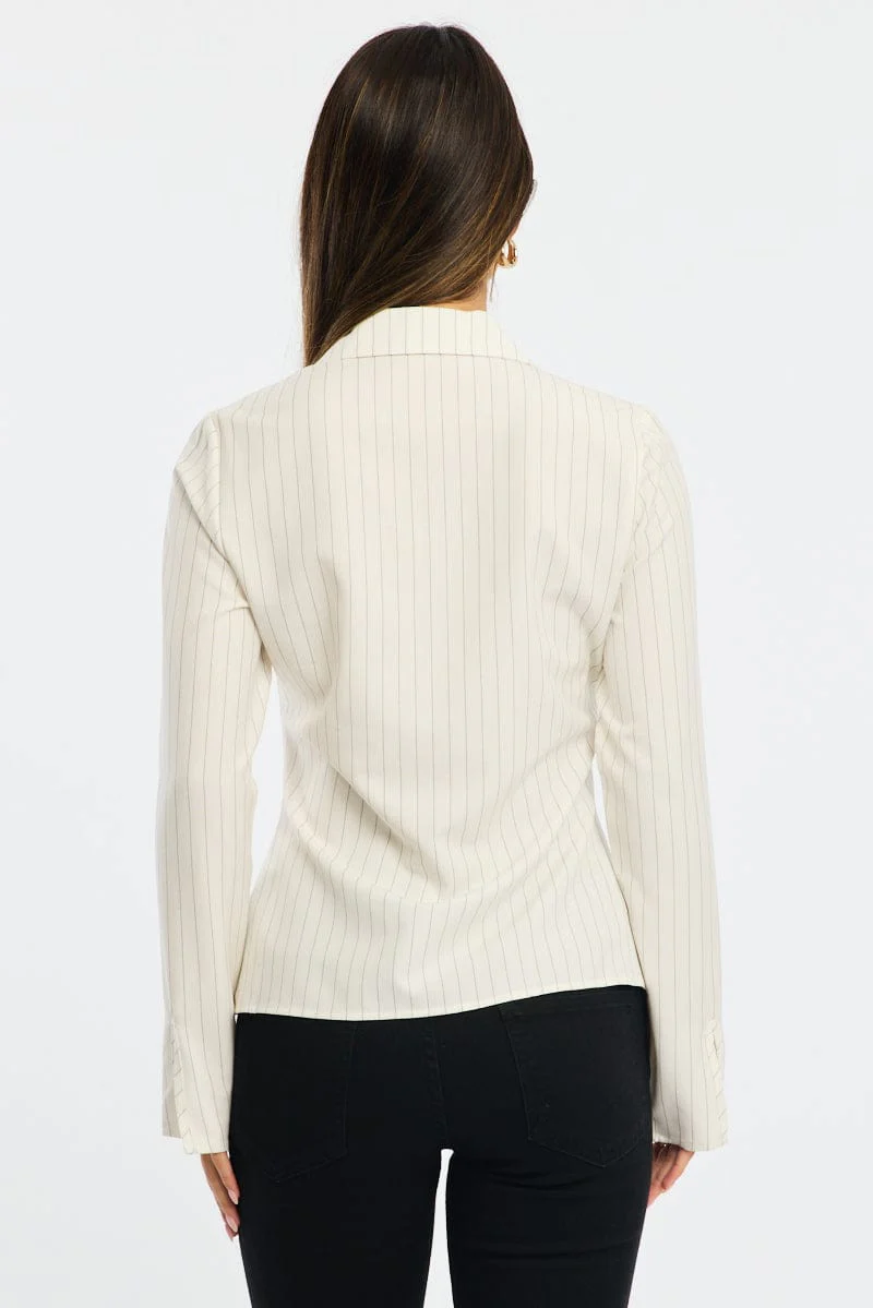 White Stripe Shirt Long Sleeves Collared Button Up Pinstripe - Image 4