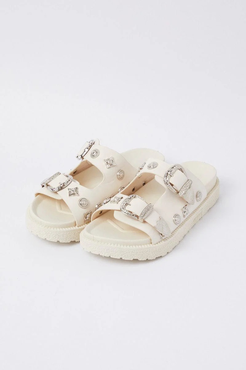 White Buckle Studded Western Footbed Sandal - Image 2