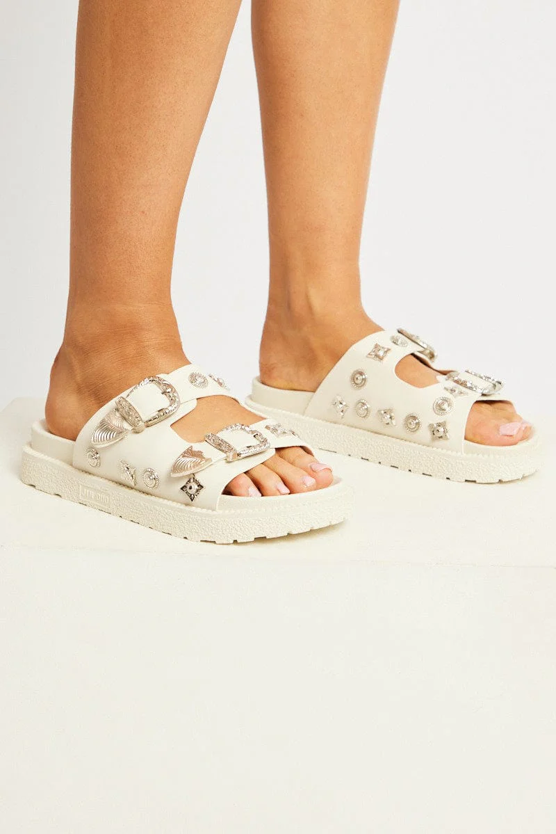 White Buckle Studded Western Footbed Sandal - Image 6