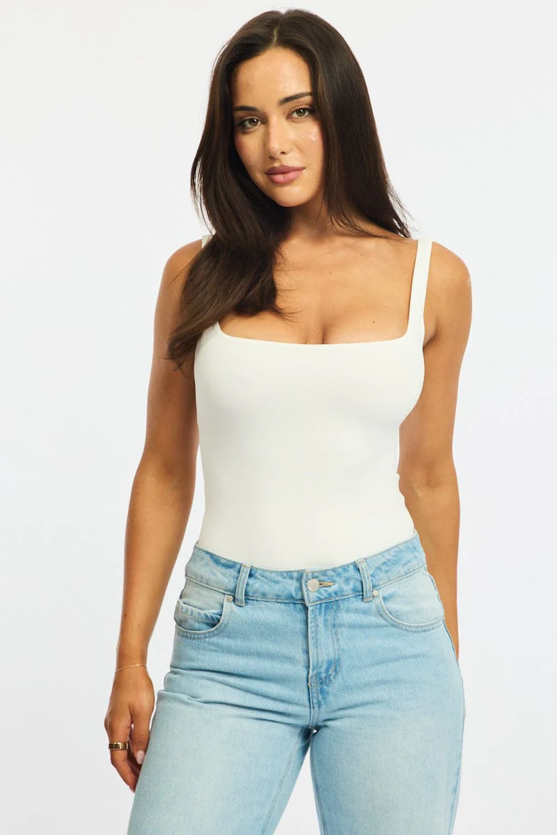 White Supersoft Bodysuit Square Neck Sleeveless