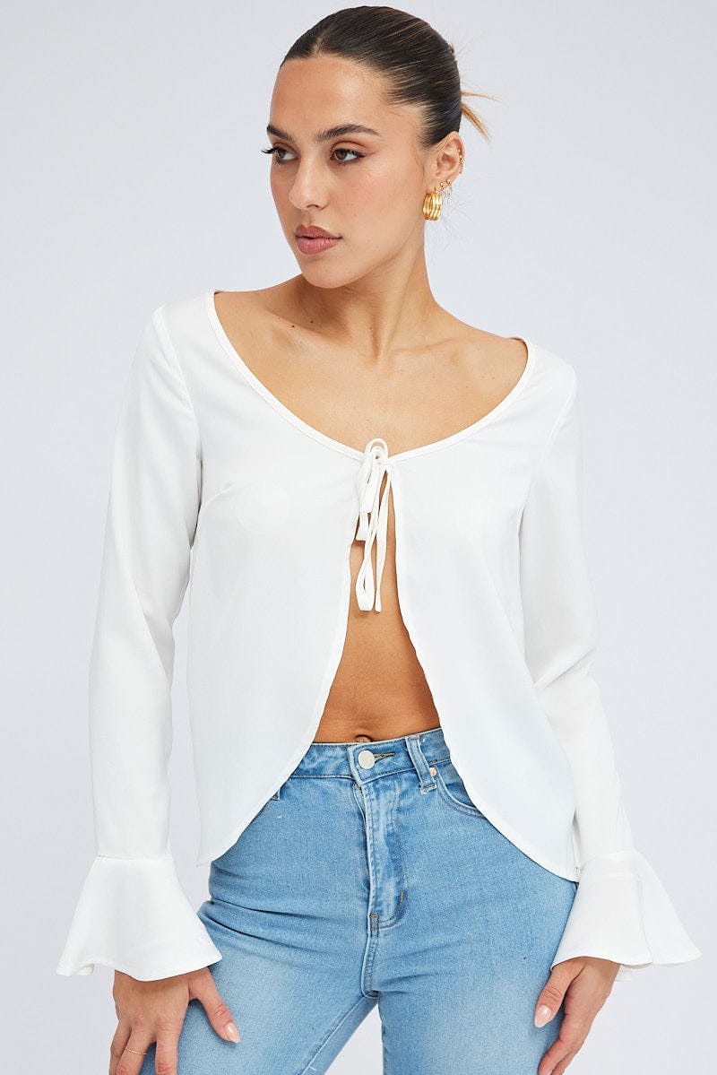 White Tie Front Top Long Sleeve Scoop Neck Satin - Image 3