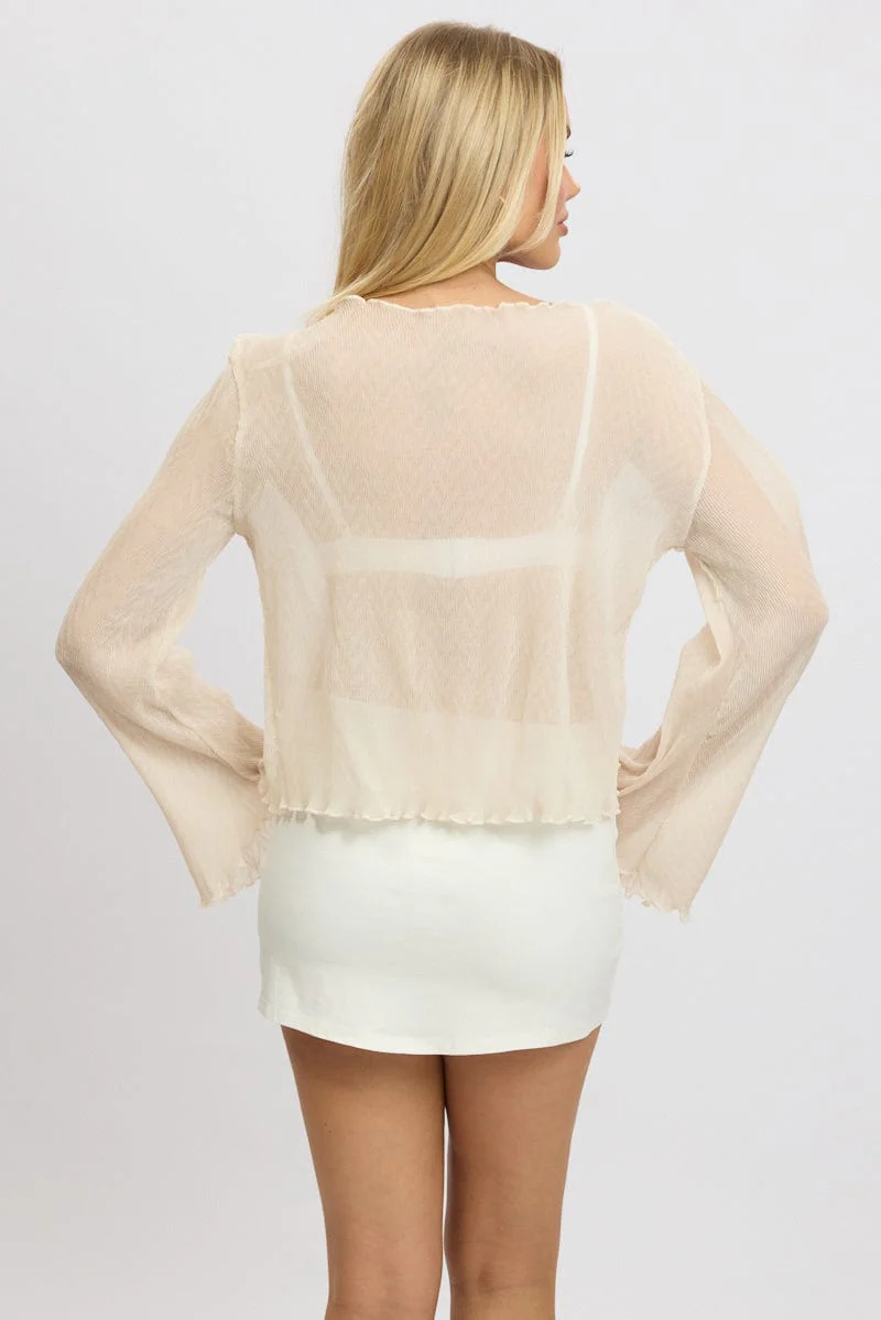 White Tie Up Front Top Long Sleeve Textured - Image 6