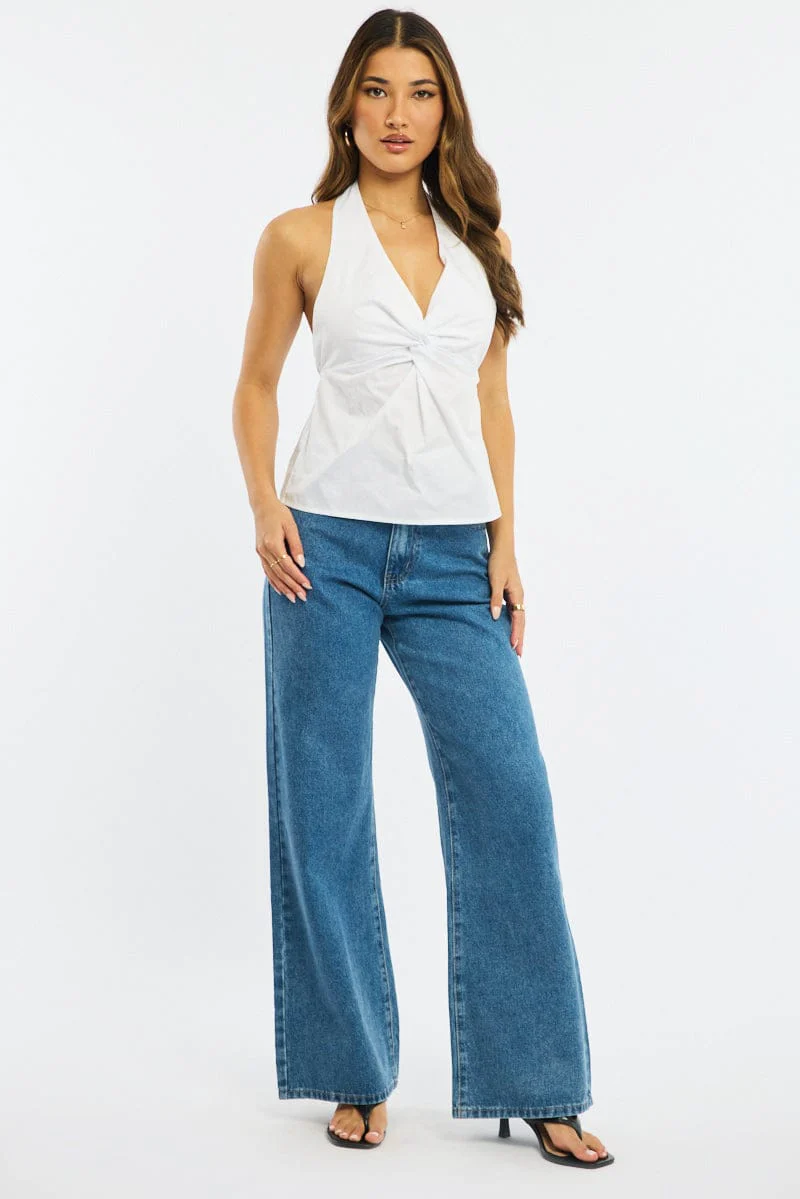 White Twist Halter Top Sleeveless Cotton Poplin - Image 2