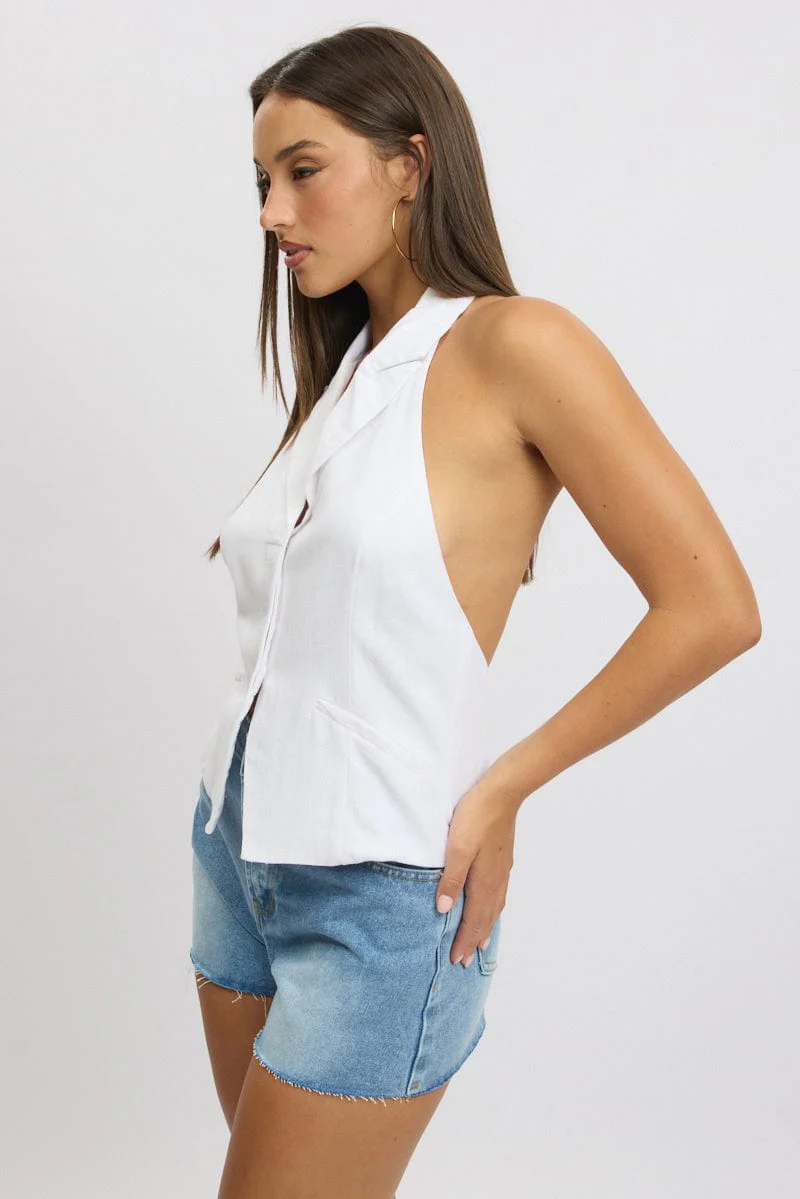 White Vest Top V Neck Halter Neck Open Back - Image 4