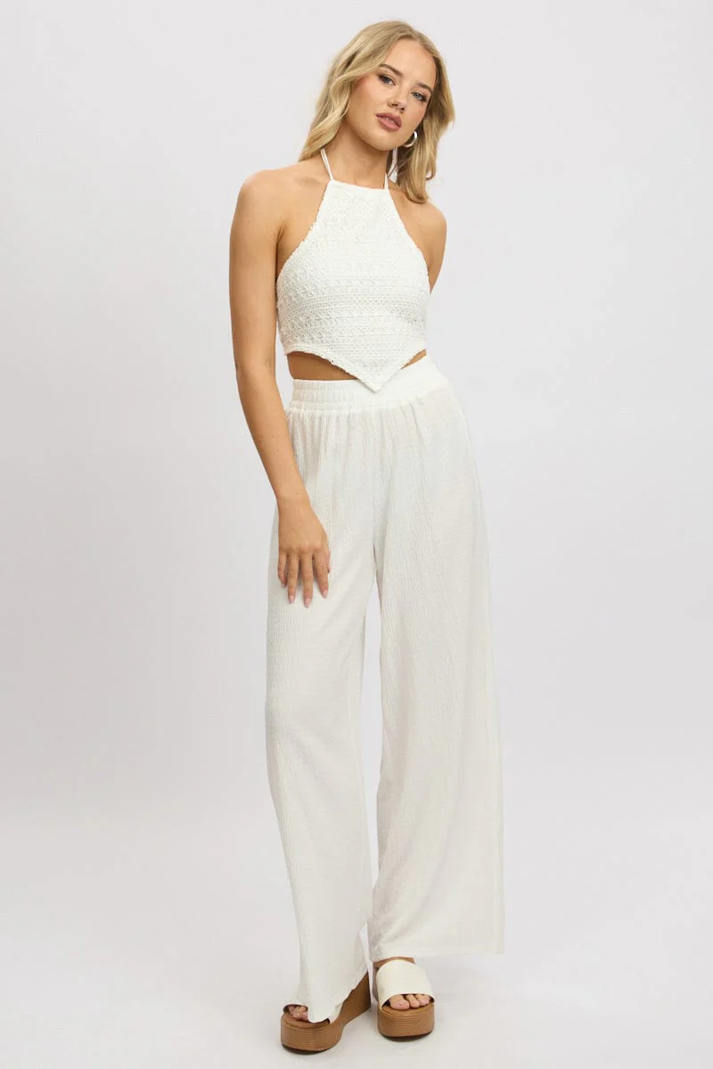 White Wide Leg Pants High Rise Textured Fabric - Image 3