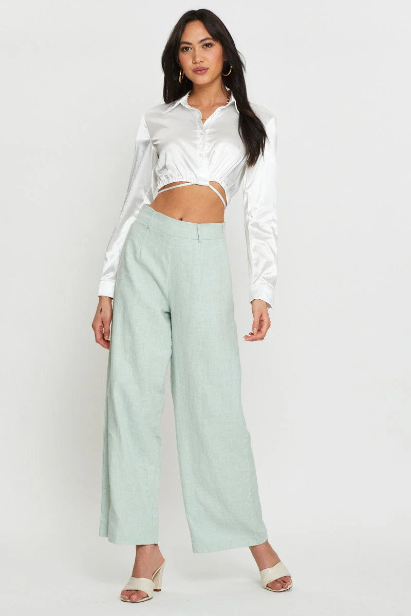 White Wrap Blouse Long Sleeve Collared Satin - Image 2