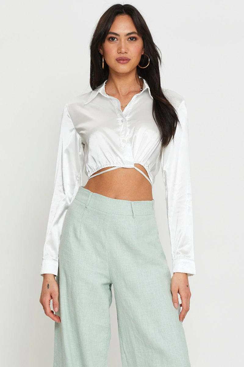 White Wrap Blouse Long Sleeve Collared Satin - Image 3