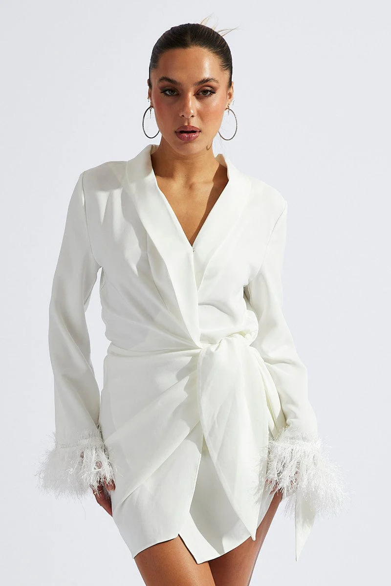 White Wrap Dress Long Sleeve Faux Feather Cuffs - Image 3