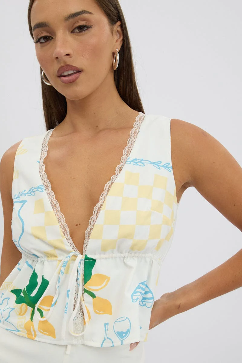 Yellow Abstract Tie Front Top - Image 3
