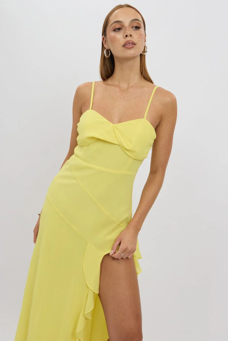 Yellow Bodycon Dress Maxi Ruffle Slit Chiffon - Image 2