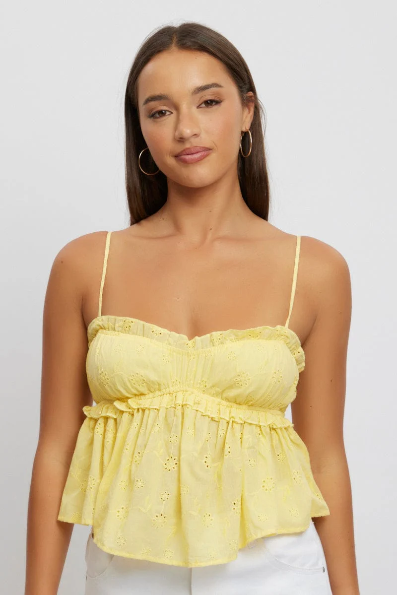 Yellow Cami Top Sleeveless Ruched Bust Broderie - Image 3