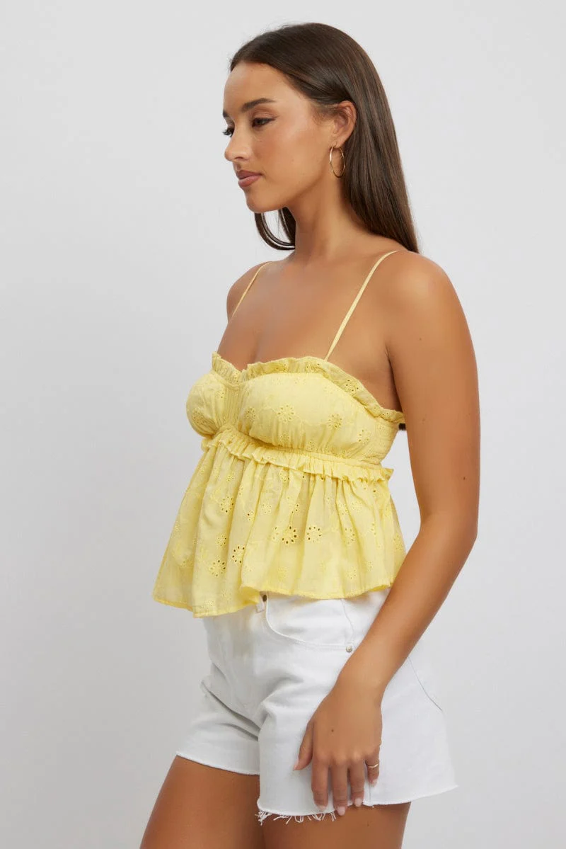 Yellow Cami Top Sleeveless Ruched Bust Broderie - Image 4
