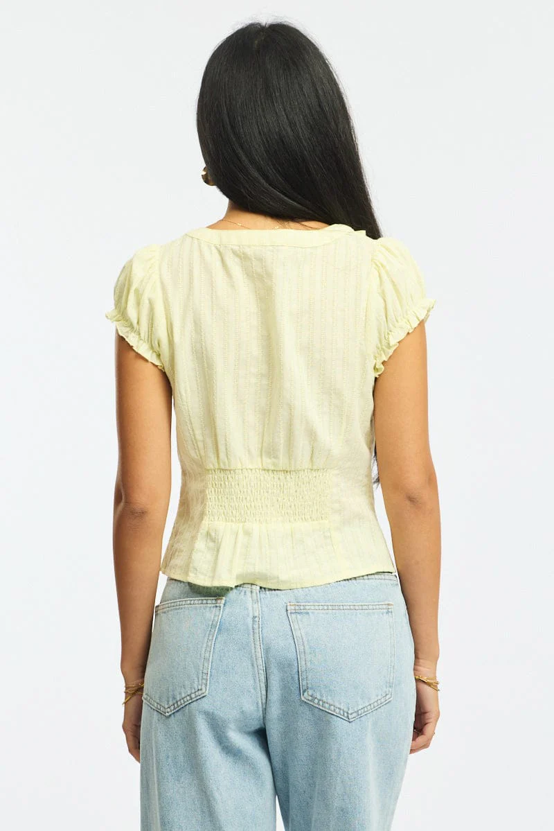 Yellow Cap Sleeve Top V-neck Button Up Textured Cotton - Image 4