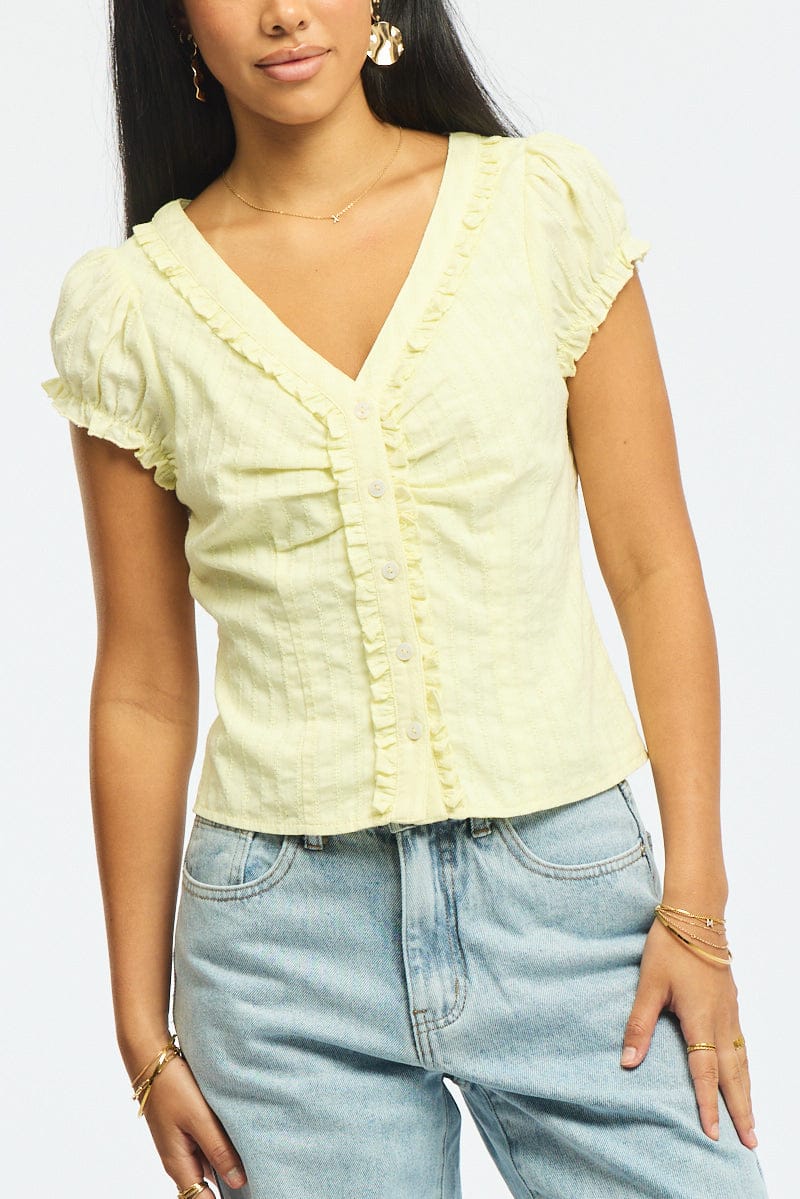 Yellow Cap Sleeve Top V-neck Button Up Textured Cotton - Image 5