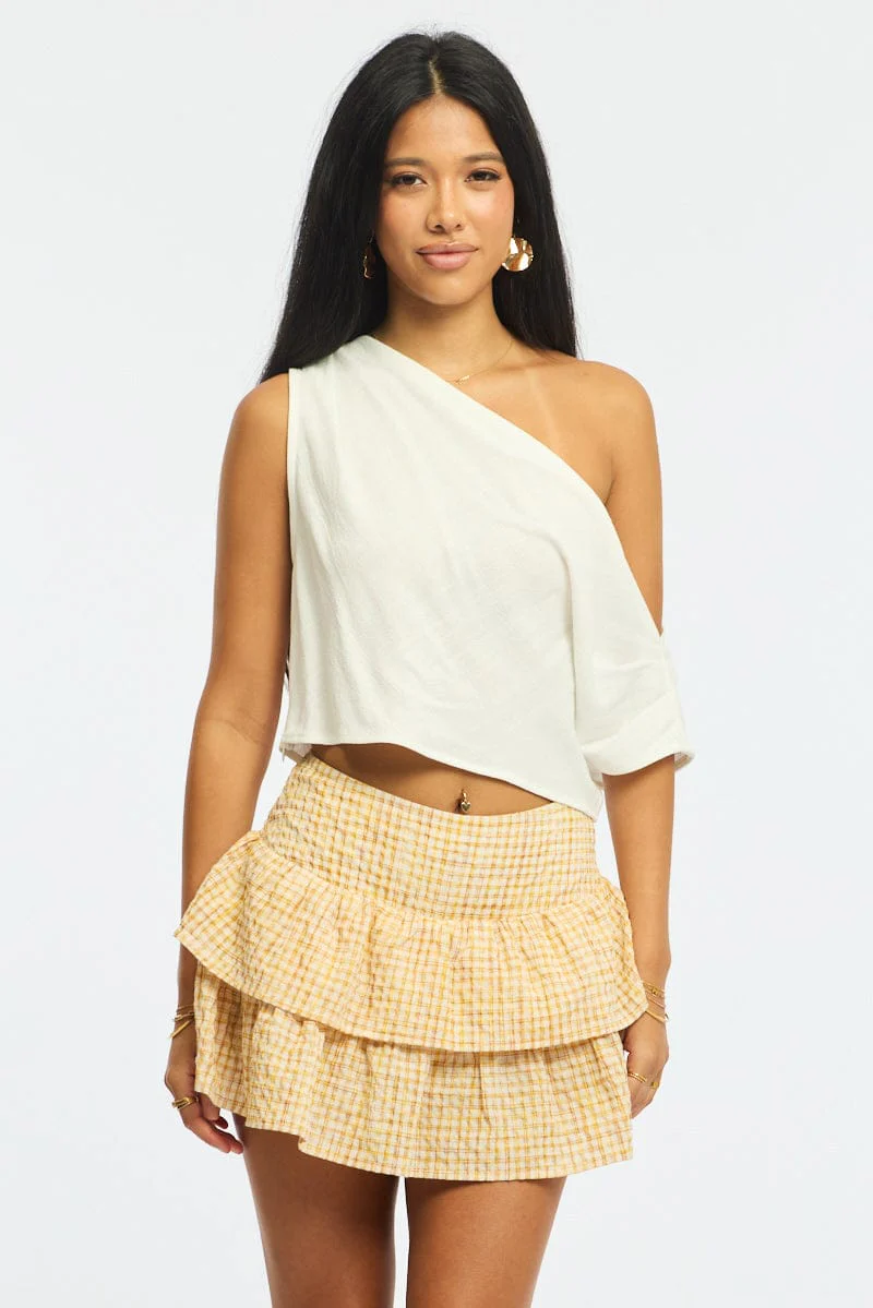 Yellow Check Mini Skort Skirt Mid Rise Layered Shorts Lined