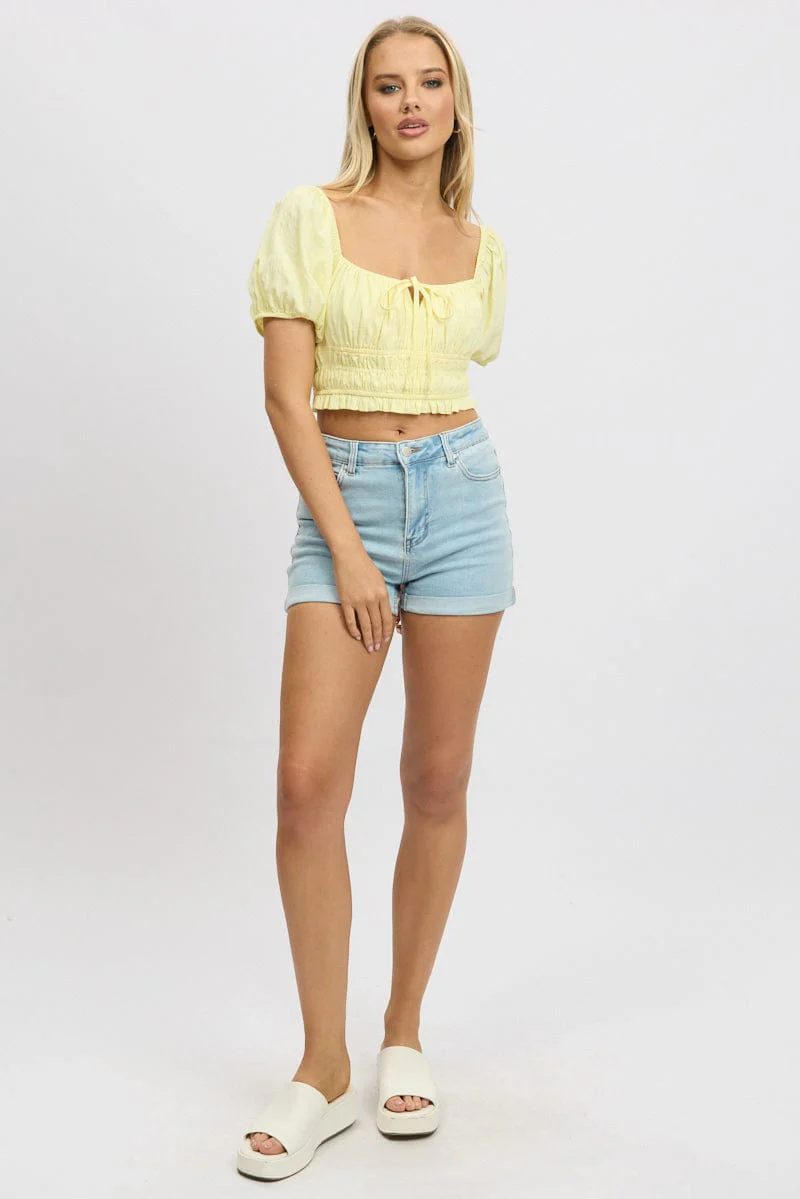 Yellow Crop Top Short Sleeve Shirred Waist - Image 2