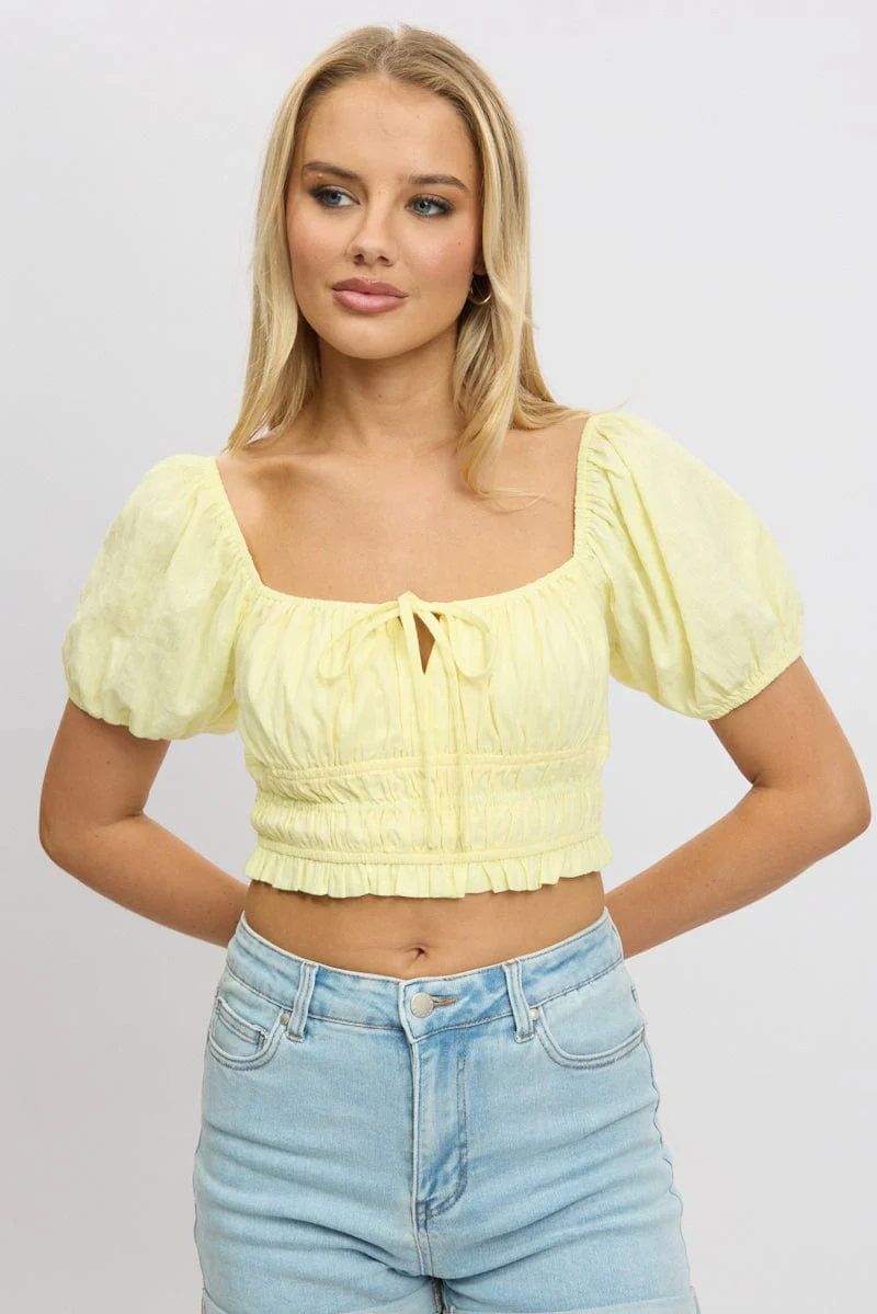 Yellow Crop Top Short Sleeve Shirred Waist - Image 3